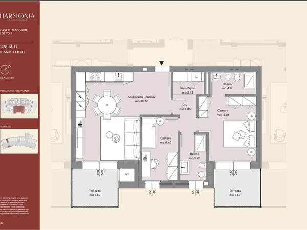 Attico con terrazzo,  garage,  posto auto e cantina a Castel Maggiore- Harmonia 